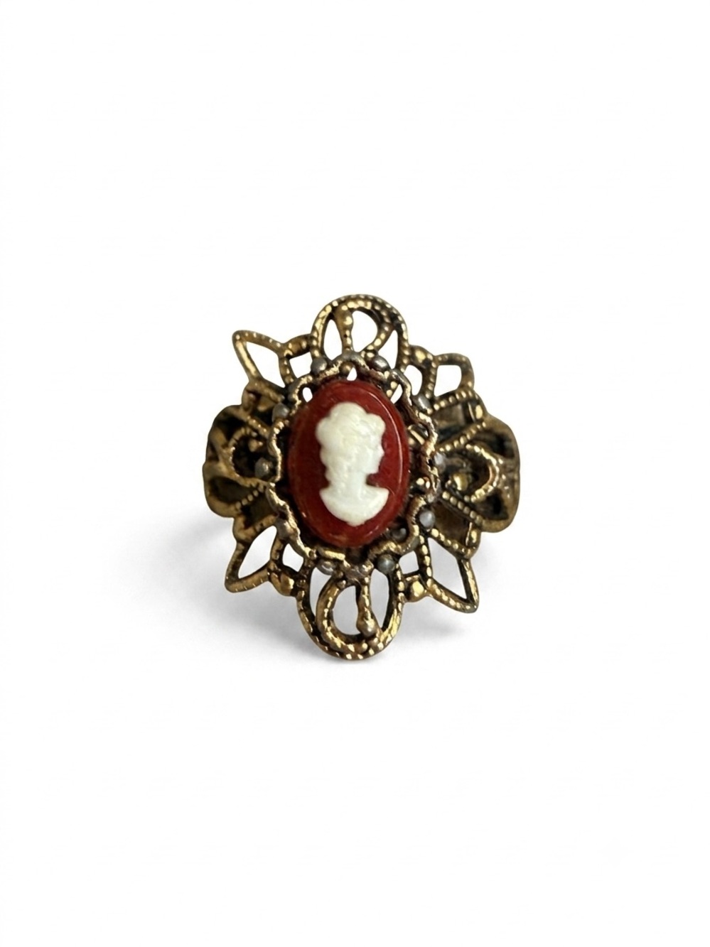 Adjustable Vintage-Style Gold Cameo Ring with Red and White Cameo